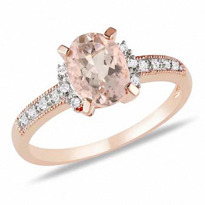 Main Image 1 of Oval Morganite and 1/15 CT. T.W. Diamond Engagement Ring in Rose Rhodium Sterling Silver