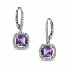 Thumbnail Image 0 of 7.0mm Cushion-Cut Amethyst and Lab-Created White Sapphire Frame Drop Earrings in Sterling Silver