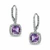 Thumbnail Image 1 of 7.0mm Cushion-Cut Amethyst and Lab-Created White Sapphire Frame Drop Earrings in Sterling Silver