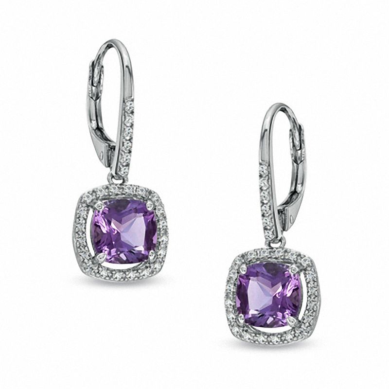 7.0mm Cushion-Cut Amethyst and Lab-Created White Sapphire Frame Drop Earrings in Sterling Silver