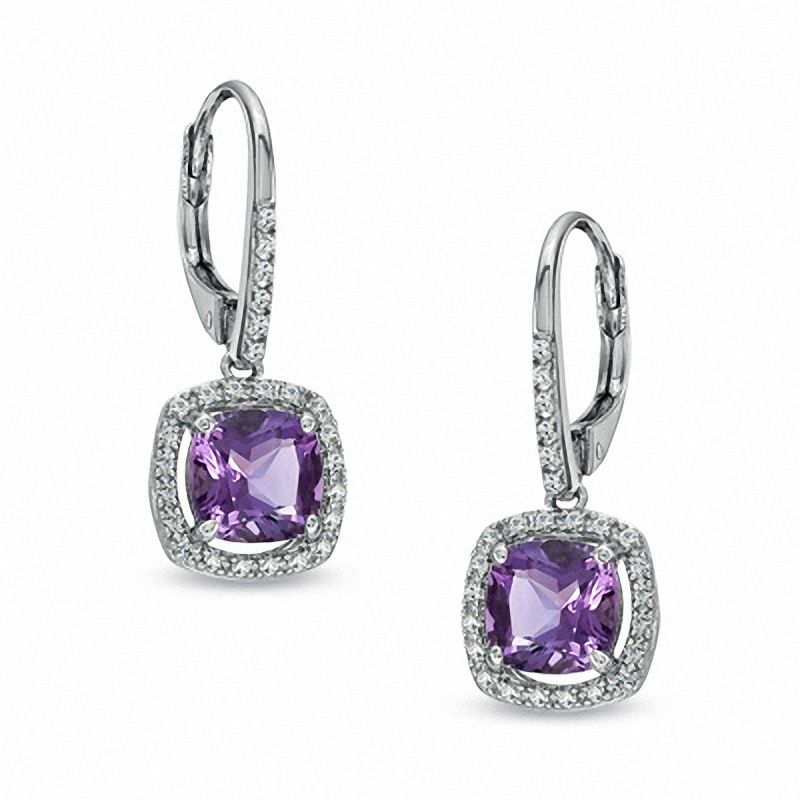 Main Image 1 of 7.0mm Cushion-Cut Amethyst and Lab-Created White Sapphire Frame Drop Earrings in Sterling Silver