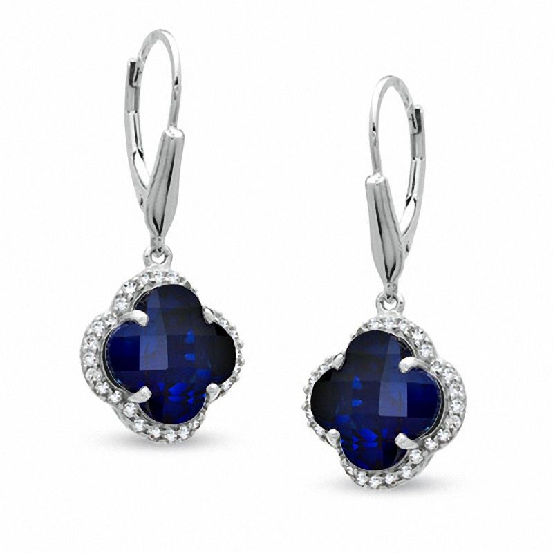 10.0mm Clover-Shaped Lab-Created Blue and White Sapphire Earrings in Sterling Silver