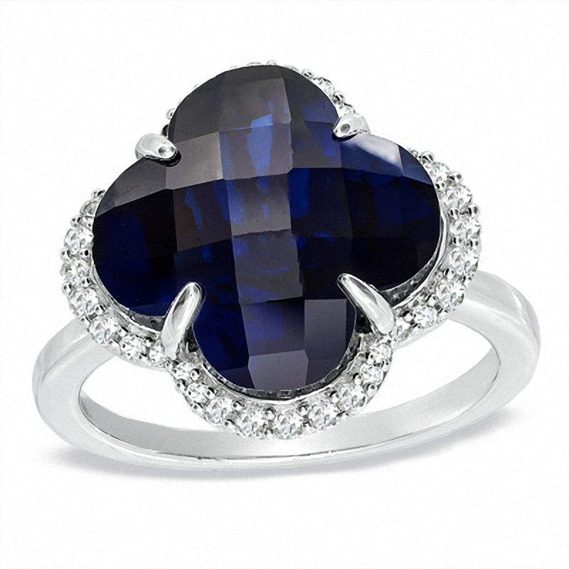 Main Image 1 of 14.0mm Clover-Shaped Lab-Created Blue and White Sapphire Ring in Sterling Silver