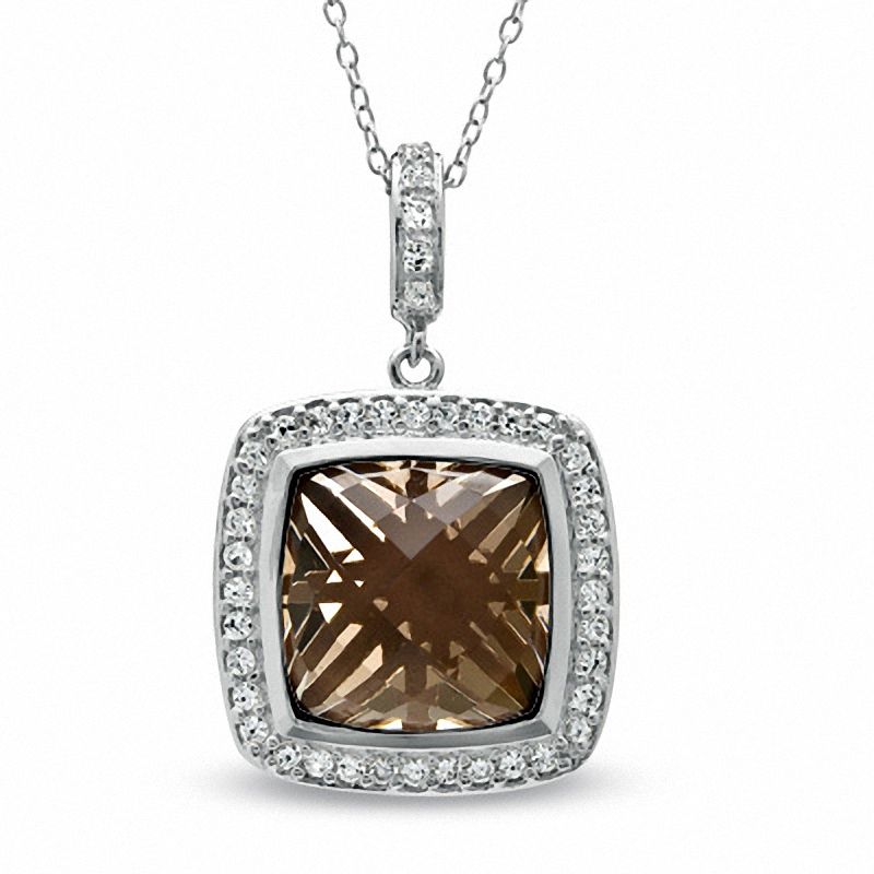 Main Image 1 of 14.0mm Cushion-Cut Smoky Quartz and Lab-Created White Sapphire Pendant in Sterling Silver