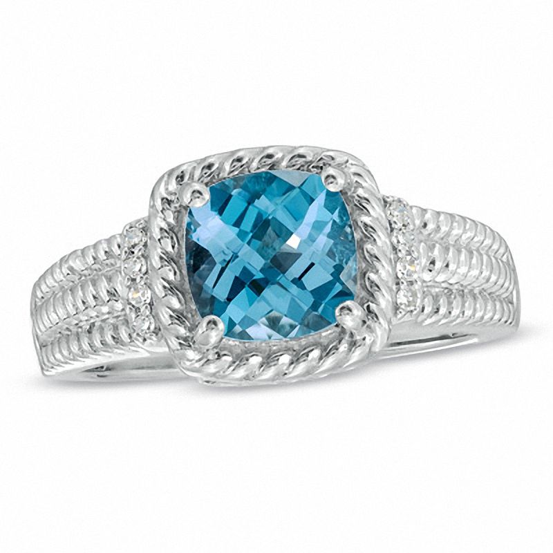 7.0mm Cushion-Cut Blue Topaz and Lab-Created White Sapphire Rope Ring in Sterling Silver