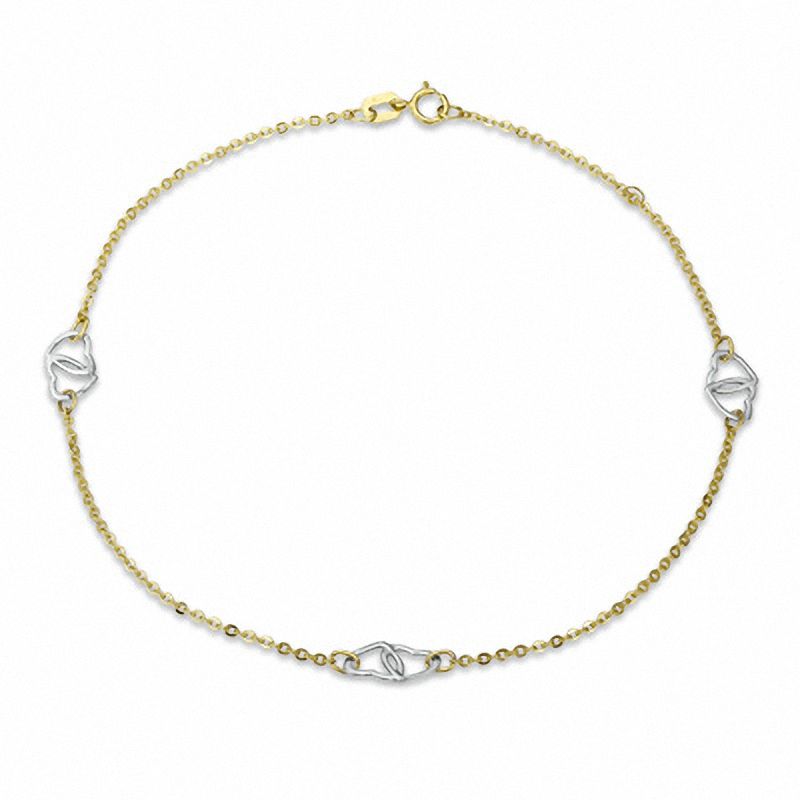 Main Image 1 of Double Heart Anklet in 14K Two-Tone Gold - 10"