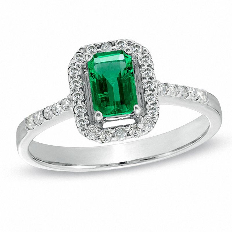 Main Image 1 of Emerald-Cut Emerald and 1/5 CT. T.W. Diamond Ring in 14K White Gold