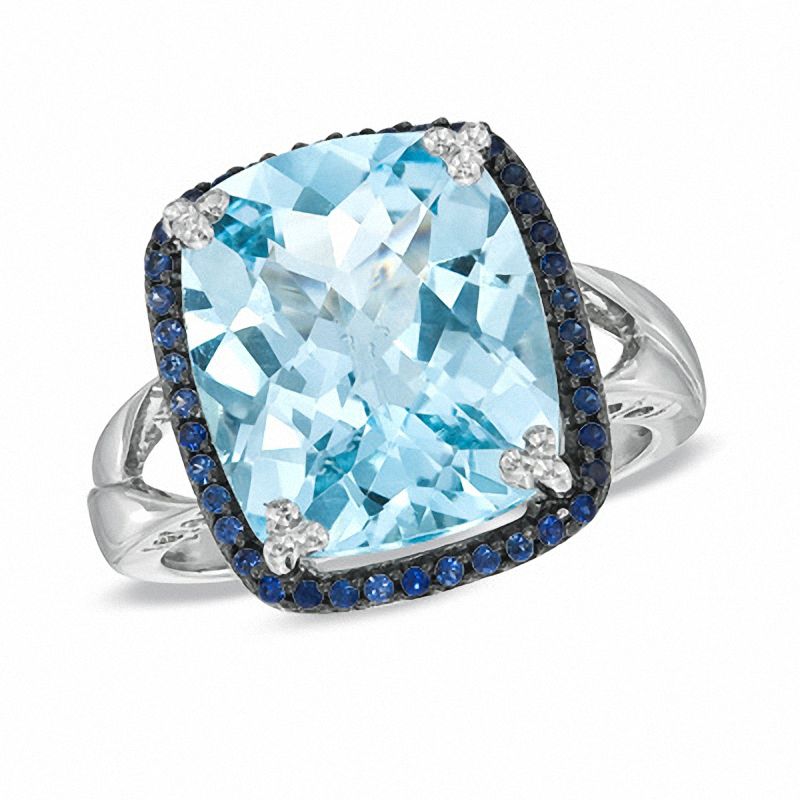 Cushion-Cut Sky Blue Topaz and Lab-Created Sapphire Ring in Sterling Silver