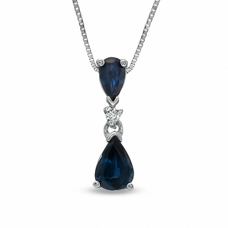 Pear-Shaped Sapphire and Diamond Accent Drop Pendant in 14K White Gold - 16"