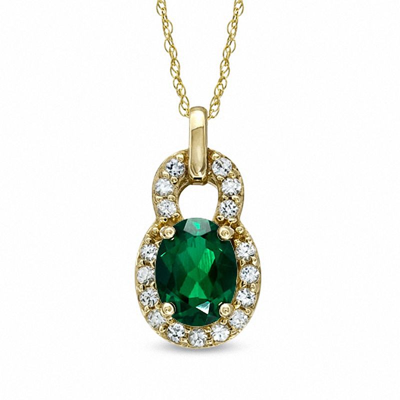 Main Image 1 of Oval Lab-Created Emerald and White Sapphire Pendant in 14K Gold