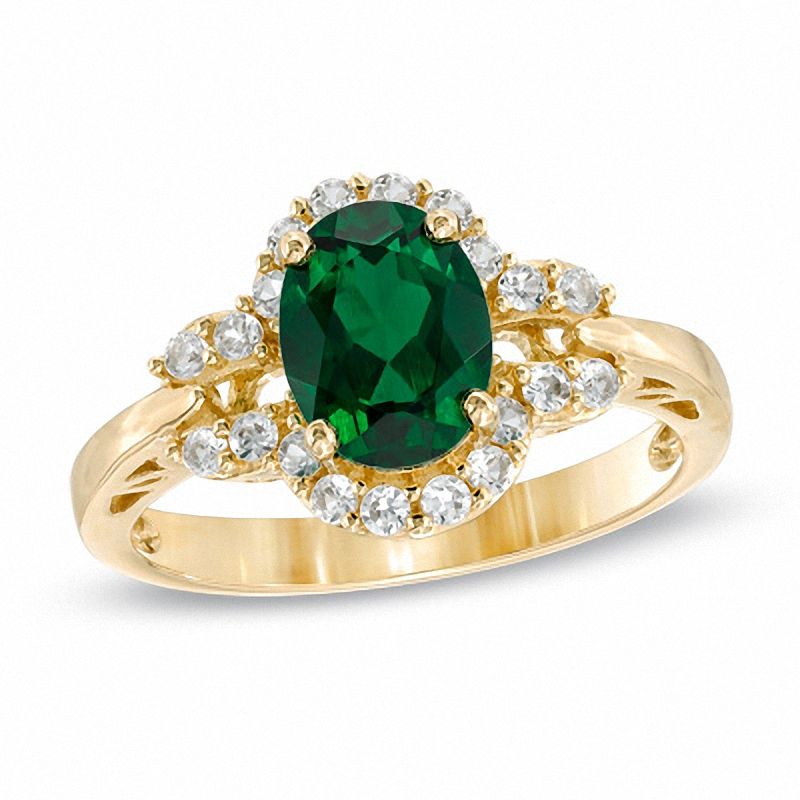 Main Image 1 of Oval Lab Created Emerald and White Sapphire Ring in 14K Gold