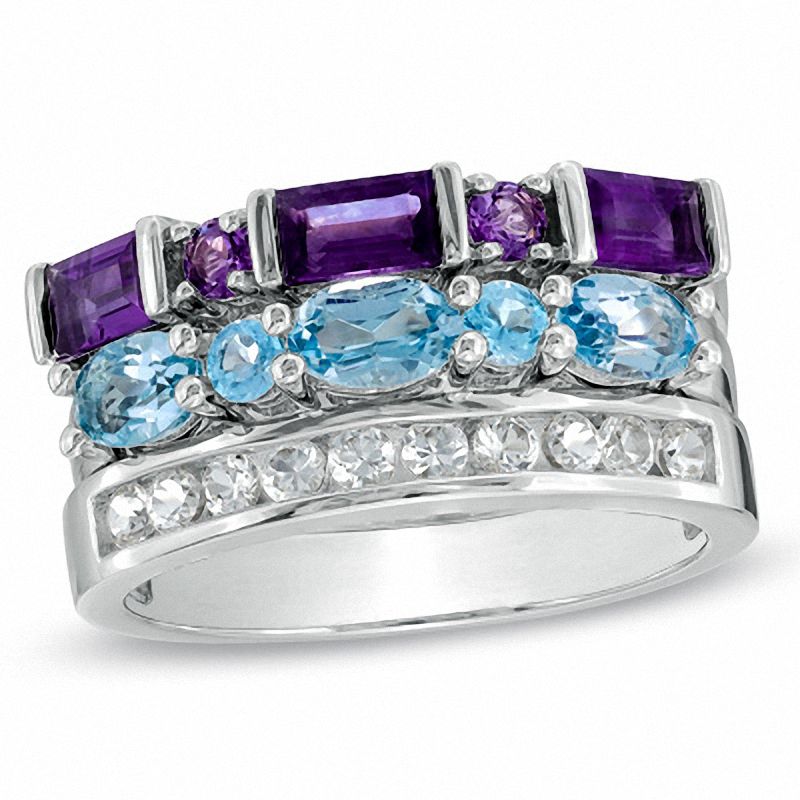 Main Image 1 of Amethyst, Blue Topaz, and Lab-Created White Sapphire Stack Ring Set in Sterling Silver