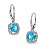 Thumbnail Image 1 of 7.0mm Cushion-Cut Swiss Blue Topaz and Lab-Created White Sapphire Frame Drop Earrings in Sterling Silver