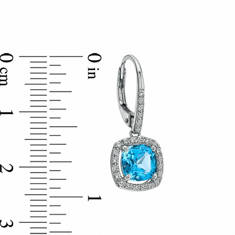 Main Image 2 of 7.0mm Cushion-Cut Swiss Blue Topaz and Lab-Created White Sapphire Frame Drop Earrings in Sterling Silver