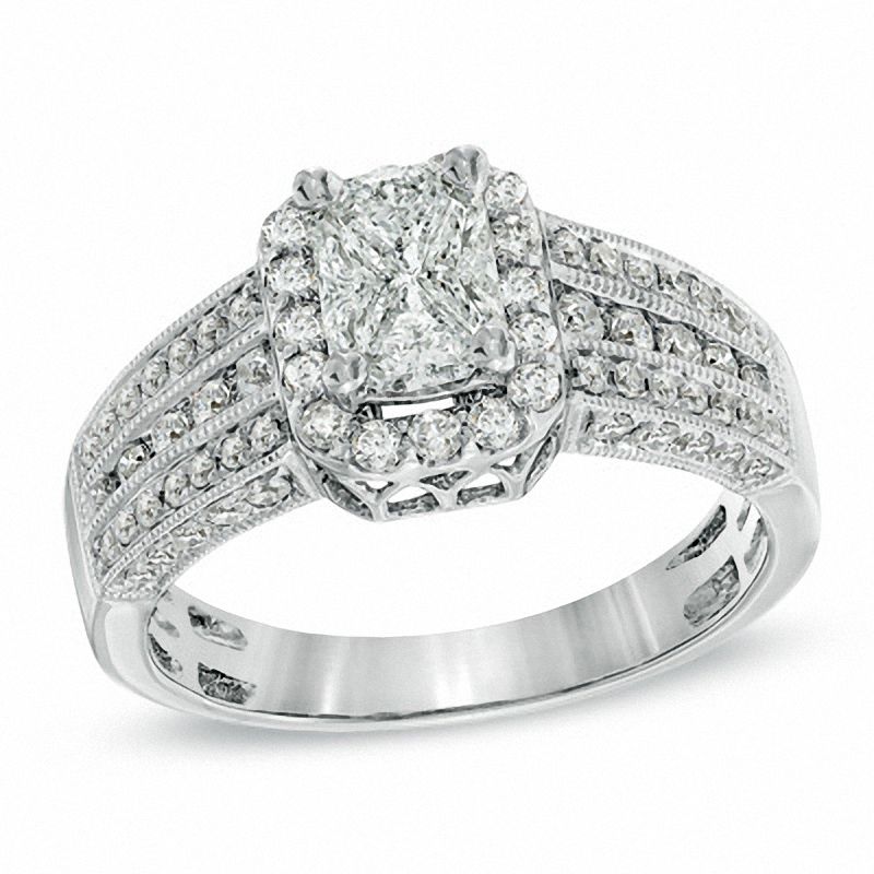 Main Image 1 of 1 CT. T.W. Composite Emerald-Cut Diamond Multi-Row Engagement Ring in 14K White Gold