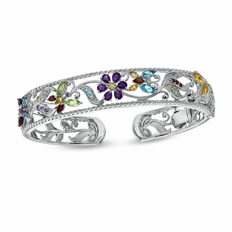 Main Image 1 of Multi Semi-Precious Gemstone Flower Cuff Bracelet in Sterling Silver