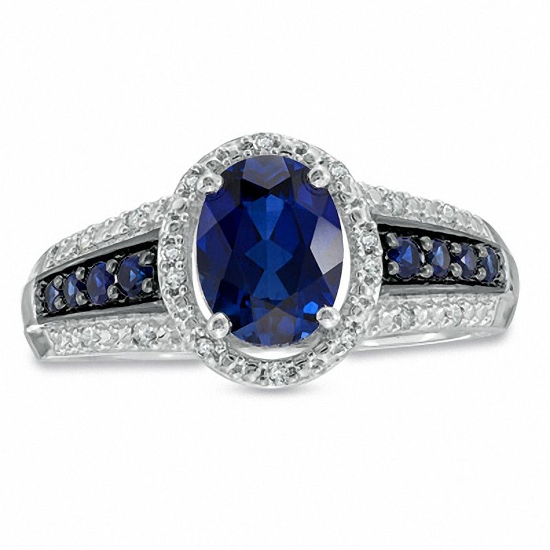 Main Image 1 of Oval Lab-Created Ceylon Sapphire and Diamond Accent Ring in 14K White Gold