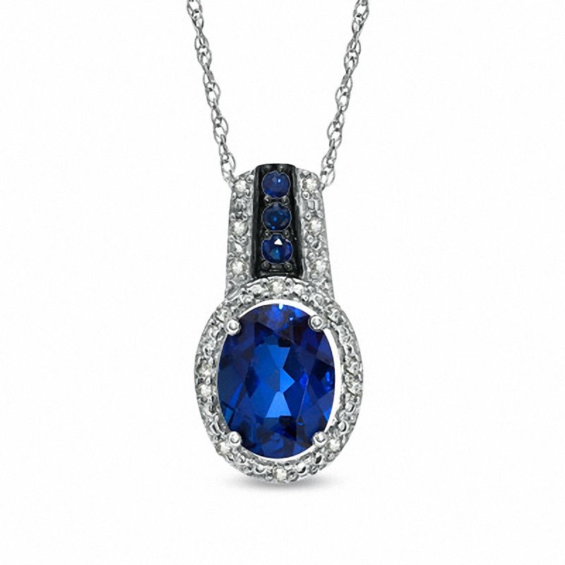Main Image 1 of Oval Lab-Created Ceylon Sapphire and Diamond Accent Pendant in 14K White Gold