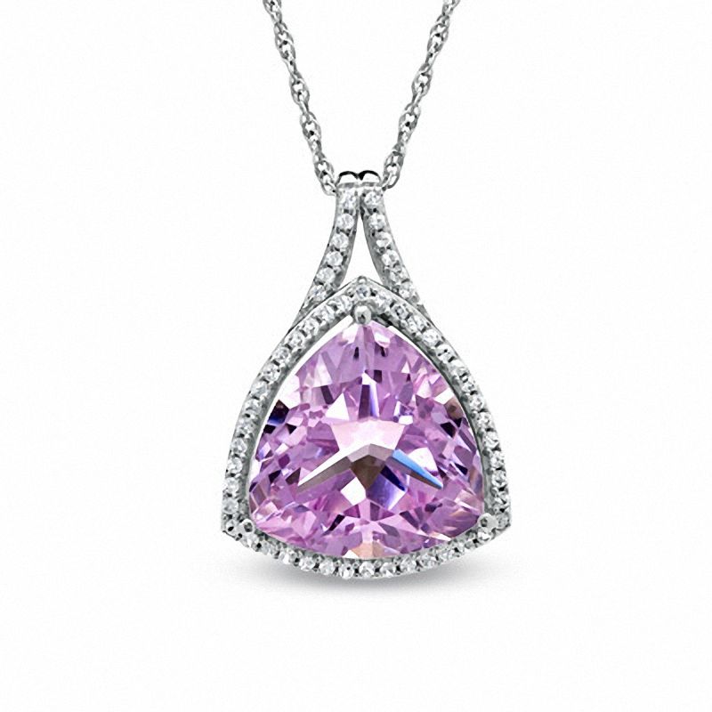 Main Image 1 of Trillion-Cut Rose de France Amethyst and Lab-Created White Sapphire Pendant in Sterling Silver