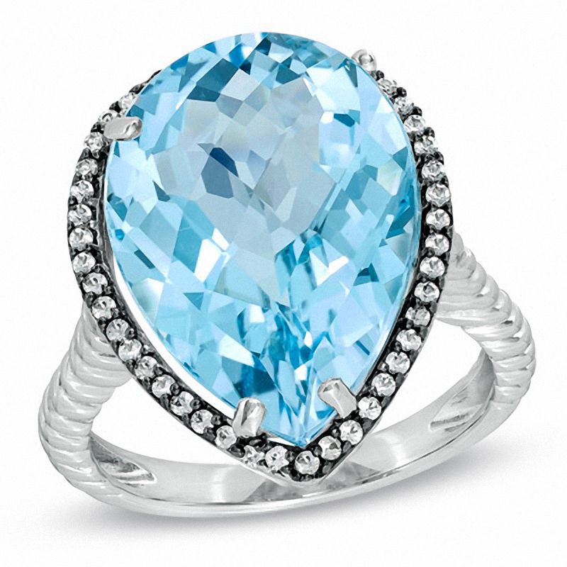 Pear-Shaped Blue Topaz and Lab-Created White Sapphire Ring in Sterling Silver