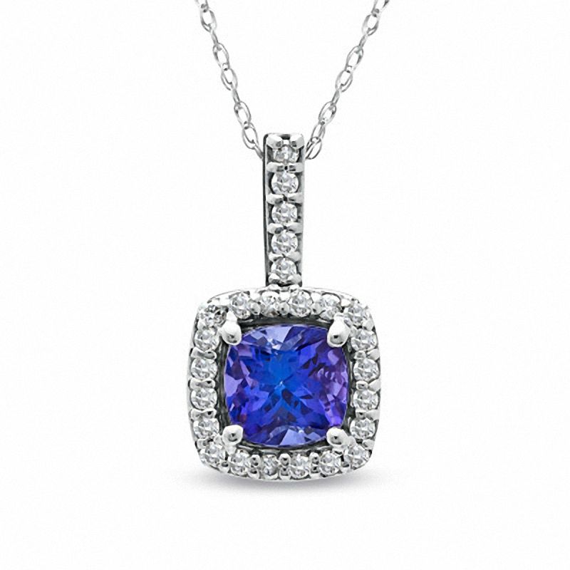 Main Image 1 of 6.0mm Cushion-Cut Tanzanite and 1/6 CT. T.W. Diamond Pendant in 14K White Gold