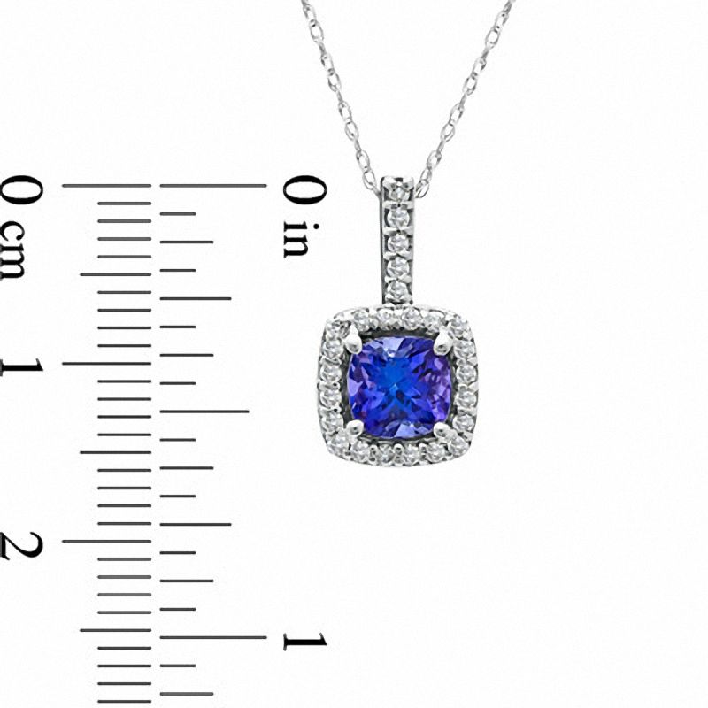 Main Image 2 of 6.0mm Cushion-Cut Tanzanite and 1/6 CT. T.W. Diamond Pendant in 14K White Gold