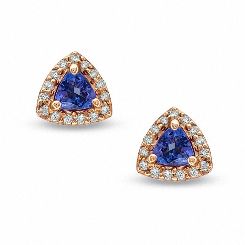 Main Image 1 of 4.5mm Trillion-Cut Tanzanite and 1/5 CT. T.W. Diamond Earrings in 14K Rose Gold