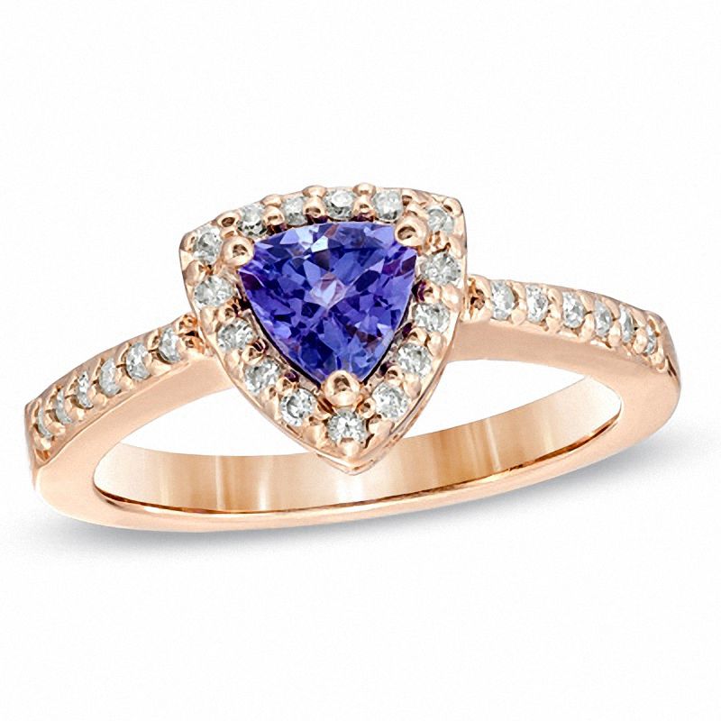Main Image 1 of 5.5mm Trillion-Cut Tanzanite and 1/5 CT. T.W. Diamond Ring in 14K Rose Gold