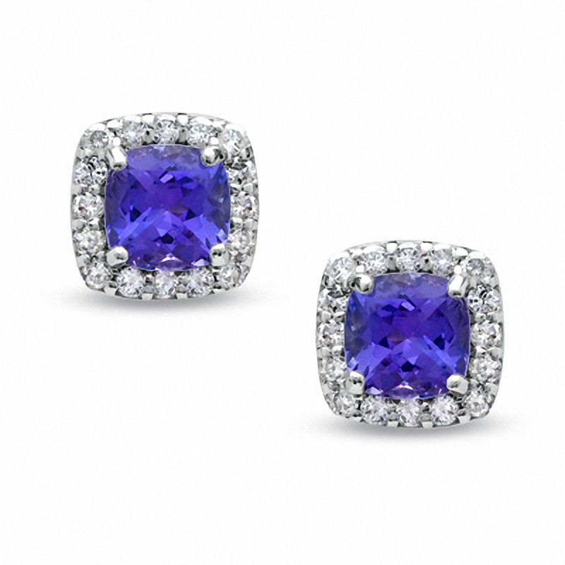 5.0mm Cushion-Cut Tanzanite and 3/8 CT. T.W. Diamond Earrings in 14K White Gold