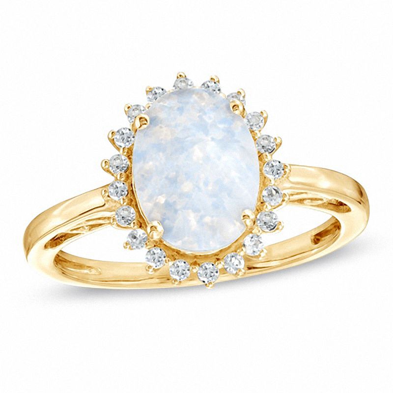 Oval Lab-Created Opal and White Sapphire Ring in 14K Gold