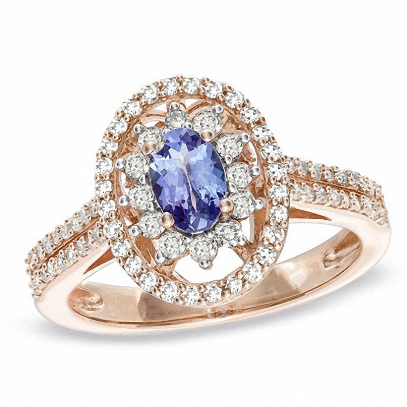 Main Image 1 of Oval Tanzanite and 1/2 CT. T.W. Diamond Ring in 14K Rose Gold