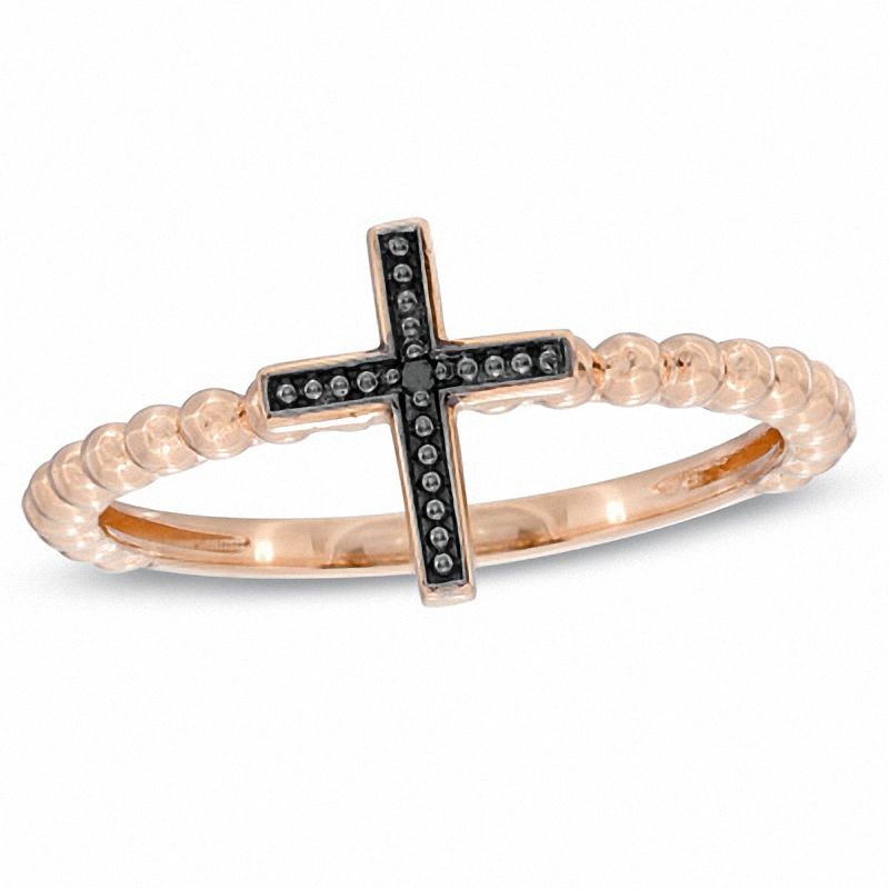 Main Image 1 of Stackable Black Diamond Accent Cross Ring in 10K Rose Gold
