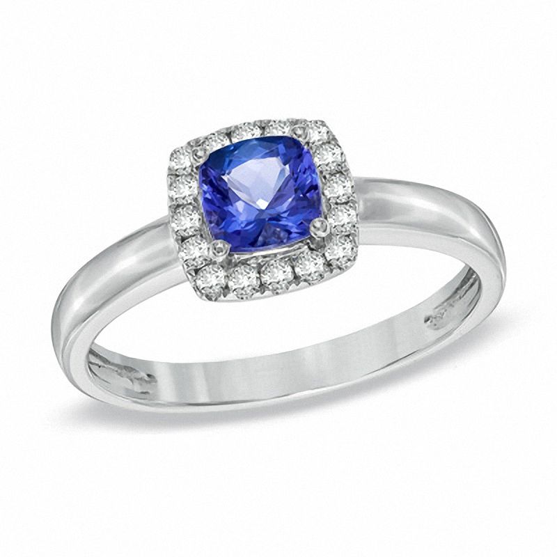5.0mm Cushion-Cut Tanzanite and 1/7 CT. T.W. Diamond Frame Ring in 14K White Gold