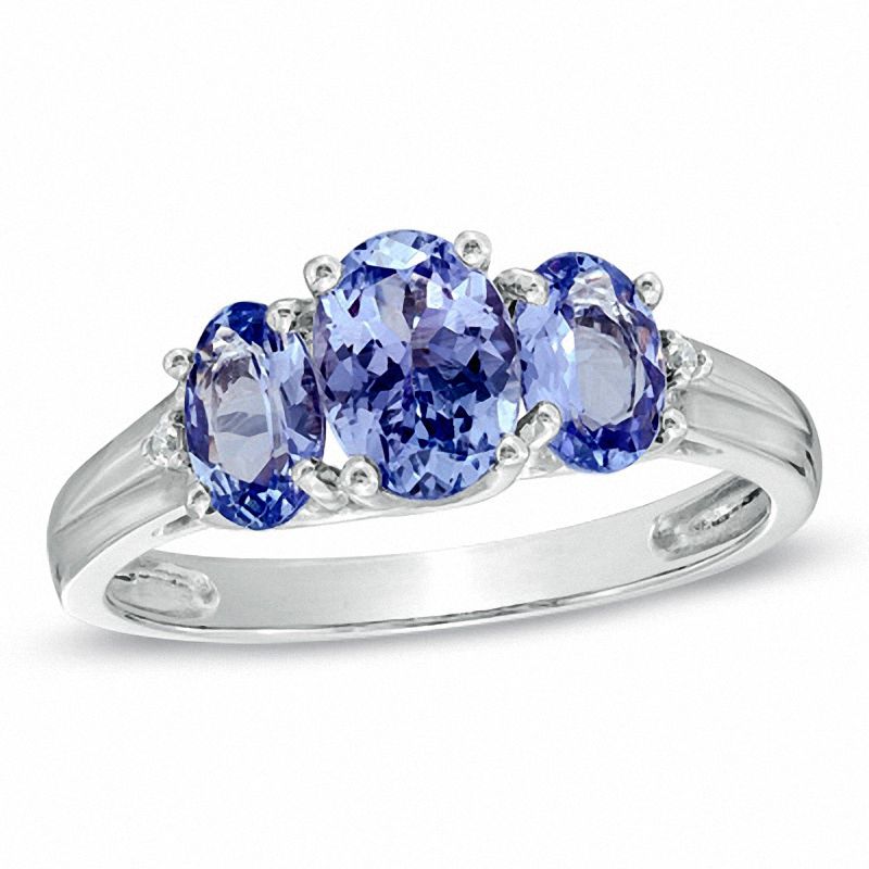 Main Image 1 of Oval Tanzanite and Diamond Accent Three Stone Ring in 14K White Gold