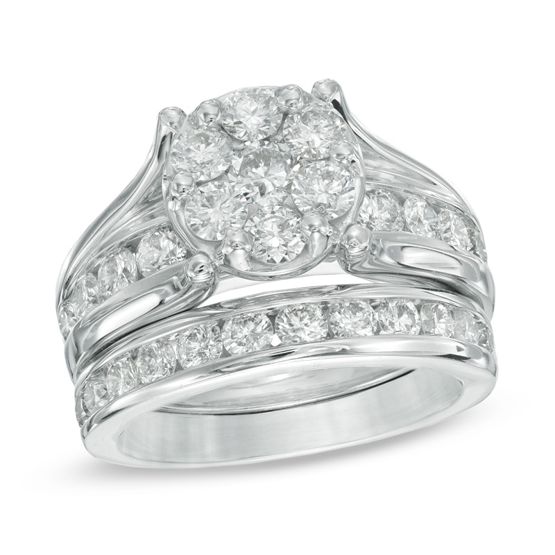 Main Image 1 of 2-1/2 CT. T.W. Diamond Cluster Bridal Set in 14K White Gold