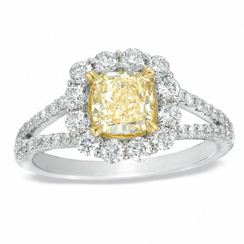 Main Image 1 of 1-3/4 CT. T.W. Certified Cushion-Cut Yellow and White Diamond Ring in 18K White Gold (T/SI2)