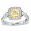 Thumbnail Image 1 of 1-1/2 CT. T.W. Certified Cushion-Cut Yellow and White Diamond Ring in 18K White Gold (T/SI2)