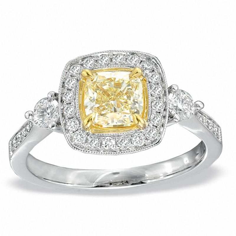 Main Image 1 of 1-1/2 CT. T.W. Certified Cushion-Cut Yellow and White Diamond Ring in 18K White Gold (T/SI2)