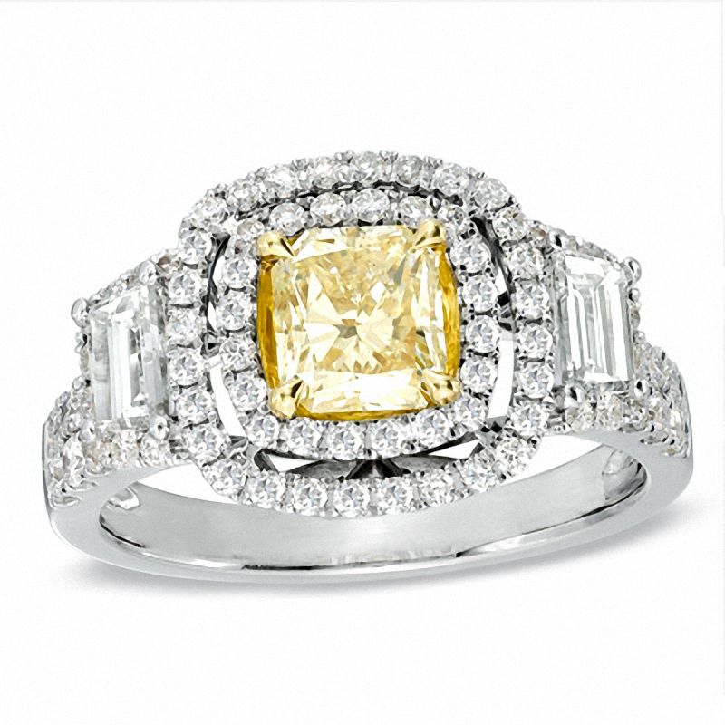Main Image 1 of 2-1/10 CT. T.W. Certified Radiant-Cut Yellow and White Diamond Ring in 18K White Gold (T/SI2)