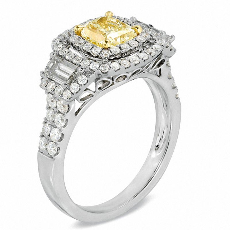 Main Image 2 of 2-1/10 CT. T.W. Certified Radiant-Cut Yellow and White Diamond Ring in 18K White Gold (T/SI2)