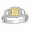 Thumbnail Image 0 of 1-1/2 CT. T.W. Certified Cushion-Cut Yellow and White Diamond Ring in 18K White Gold (T/SI2)