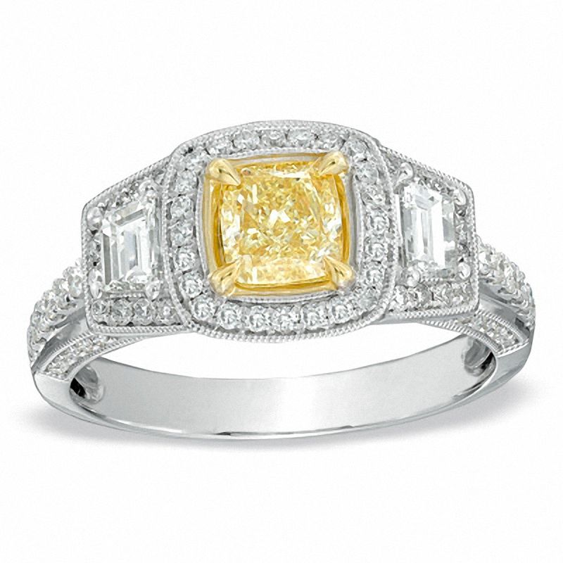 Main Image 1 of 1-1/2 CT. T.W. Certified Cushion-Cut Yellow and White Diamond Ring in 18K White Gold (T/SI2)