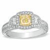 Thumbnail Image 0 of 1-1/2 CT. T.W. Certified Cushion-Cut Yellow and White Diamond Ring in 18K White Gold (T/SI2)