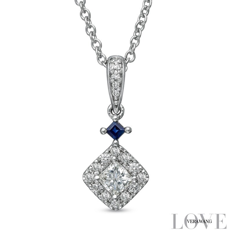 Vera Wang Love Collection 3/8 CT. T.W. Princess-Cut Diamond and Blue Sapphire Pendant in 14K White Gold