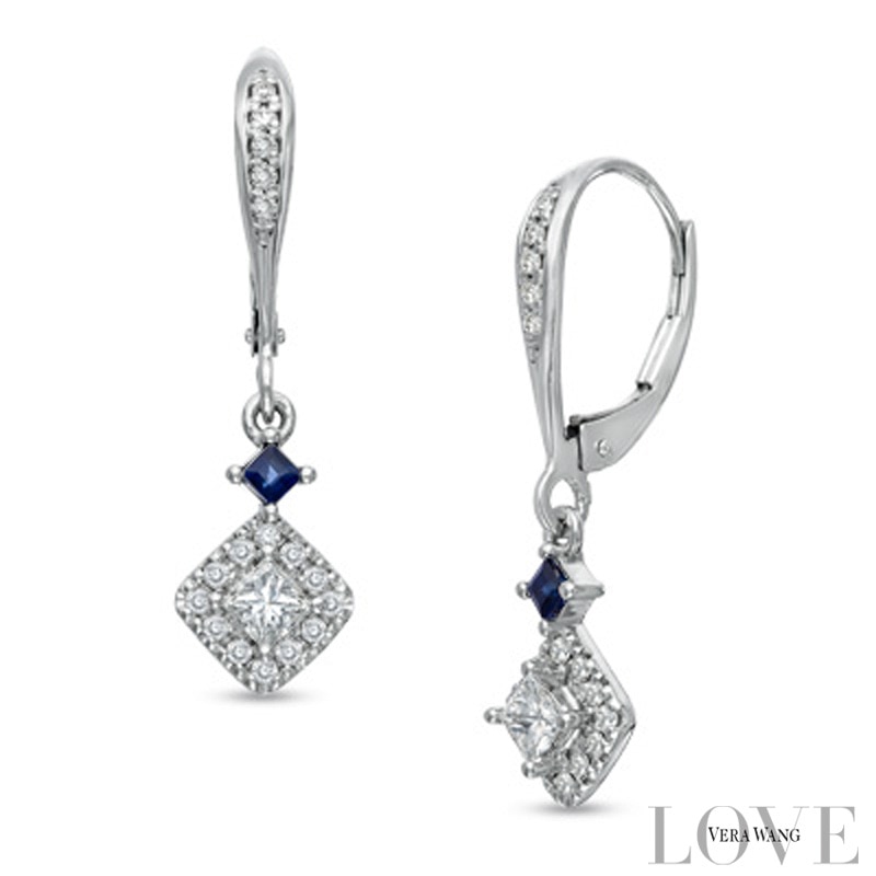 Main Image 1 of Vera Wang Love Collection 1/2 CT. T.W. Princess-Cut Diamond and Blue Sapphire Drop Earrings in 14K White Gold