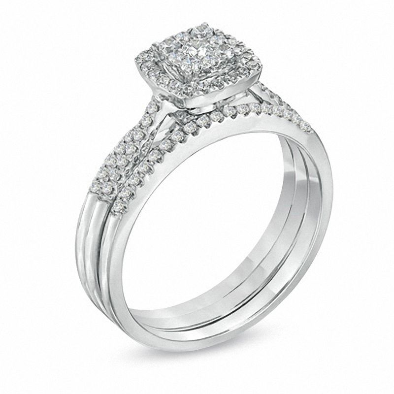 1/2 CT. T.W. Diamond Cluster Square Frame Three-Piece Bridal Set in 10K White Gold