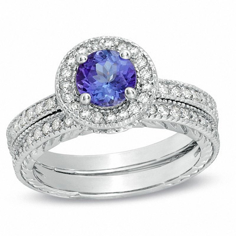 6.5mm Tanzanite and 5/8 CT. T.W. Diamond Bridal Set in 14K White Gold ...