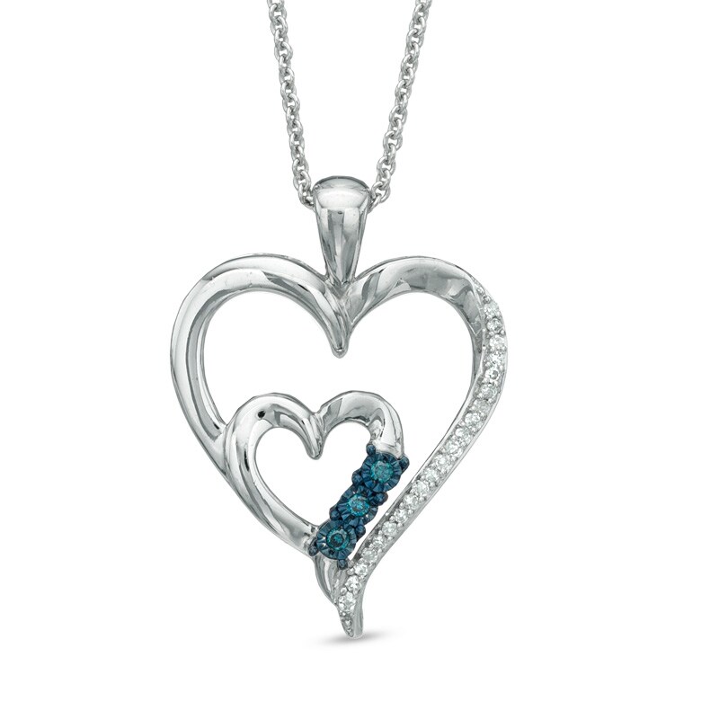 Main Image 1 of 1/10 CT. T.W. Enhanced Blue and White Diamond Double Heart Pendant in Sterling Silver