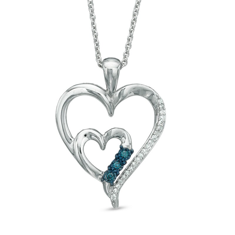 1/10 CT. T.W. Enhanced Blue and White Diamond Double Heart Pendant in Sterling Silver