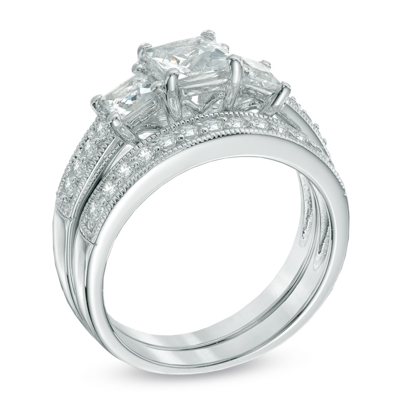 5.0mm Princess-Cut Lab-Created White Sapphire Three Stone Fashion Ring Set in Sterling Silver